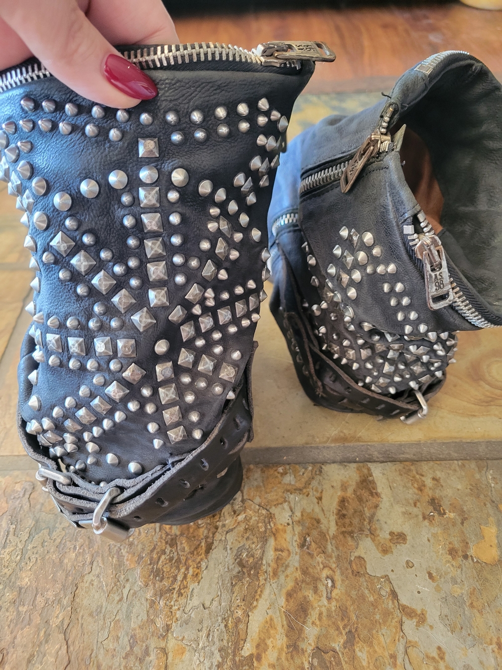AS98 Black Italian Leather Studded Ankle Boots With Zipper